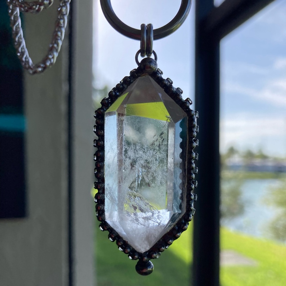 LONG chain BIG 2.5 inch Crystal quartz black electroplated boho goth necklace - Picture 9 of 15